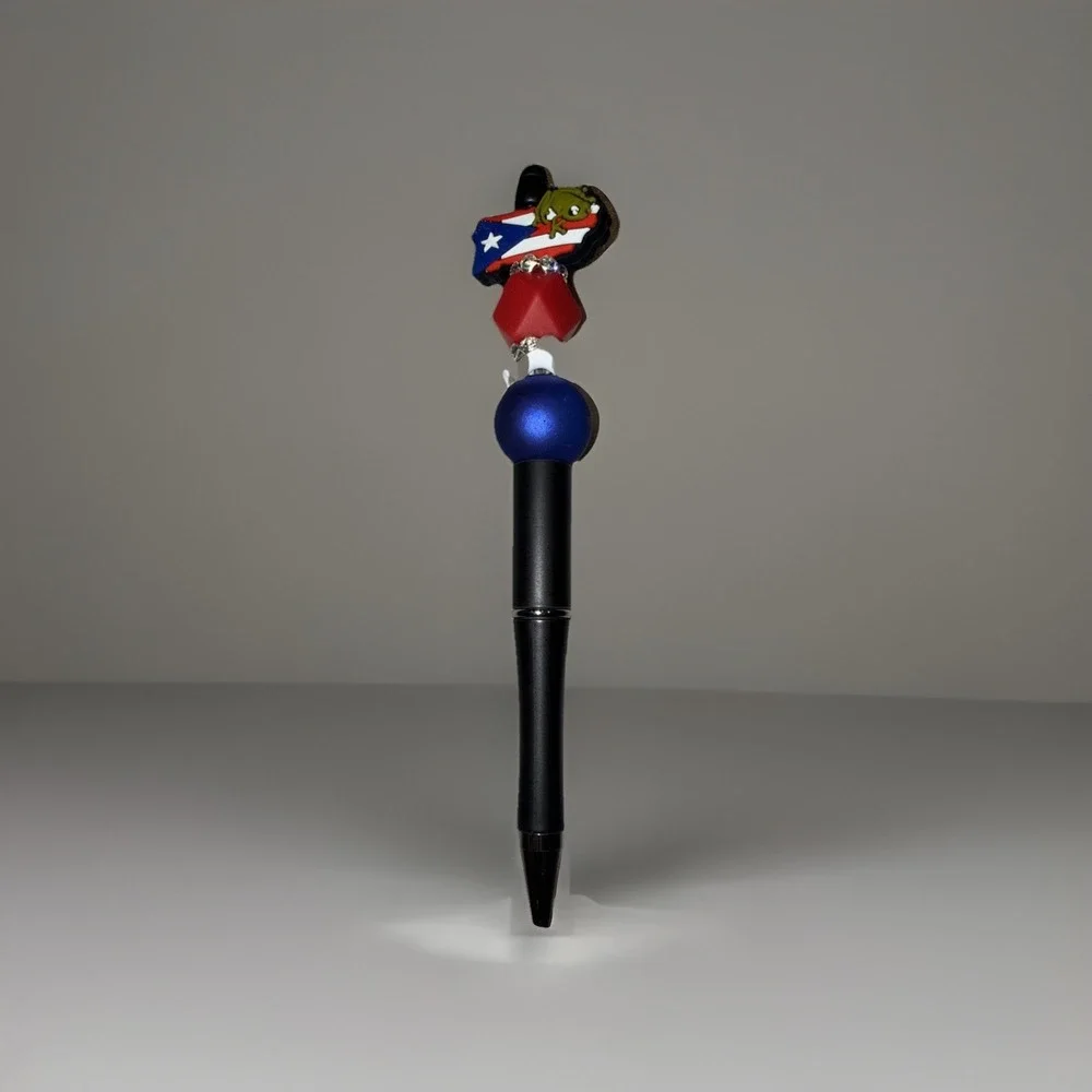 Puerto Rico Custom Handmade Beaded Pen PR Map Flag Coqui Blue Ink Retractable